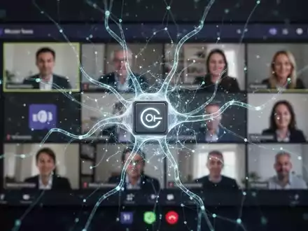 Abstraktes, leuchtendes neuronales Netzwerk über einer unscharfen Microsoft Teams-Videooberfläche, das KI-Kontrolle und Deaktivierung andeutet. - Foto: über boerse-global.de
