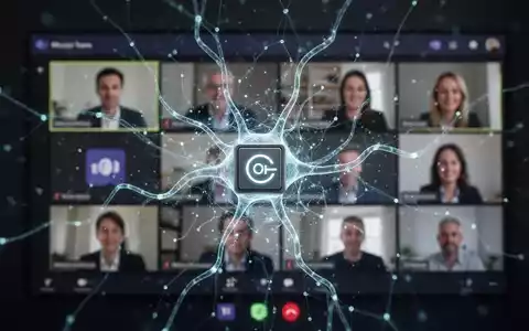 Abstraktes, leuchtendes neuronales Netzwerk über einer unscharfen Microsoft Teams-Videooberfläche, das KI-Kontrolle und Deaktivierung andeutet. - Foto: über boerse-global.de
