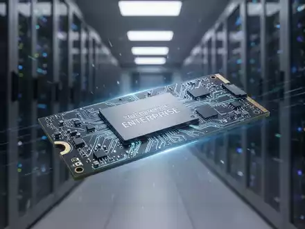 Nahaufnahme einer leistungsstarken Enterprise-SSD mit sichtbaren Schaltkreisen und dezentem blauen Licht in einem Rechenzentrum. - Foto: über boerse-global.de