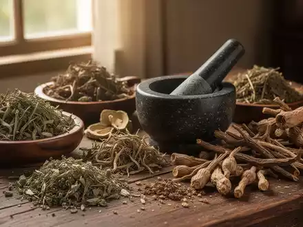 Traditionelle vietnamesische Kräutermedizin auf einem Holztisch mit Mörser und Stößel, beleuchtet von natürlichem Licht. - Foto: über boerse-global.de