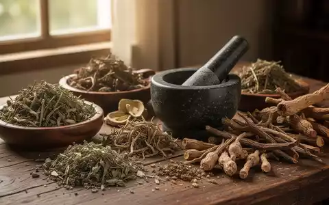 Traditionelle vietnamesische Kräutermedizin auf einem Holztisch mit Mörser und Stößel, beleuchtet von natürlichem Licht. - Foto: über boerse-global.de