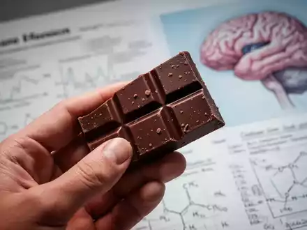 Eine Hand hält ein Stück dunkle Schokolade vor einem verschwommenen Hintergrund mit wissenschaftlichen Notizen und einer Gehirnillustration. - Foto: über boerse-global.de