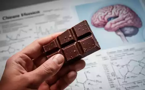 Eine Hand hält ein Stück dunkle Schokolade vor einem verschwommenen Hintergrund mit wissenschaftlichen Notizen und einer Gehirnillustration. - Foto: über boerse-global.de