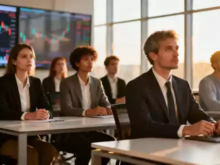 Geschäftsleute beobachten diskret Börsendaten auf Bildschirmen in einem modernen Büro, was eine neutrale Marktstimmung widerspiegelt. - Foto: über boerse-global.de