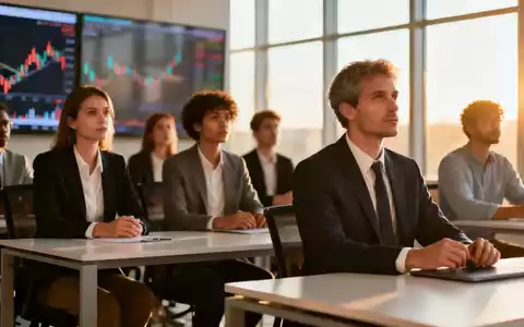 Geschäftsleute beobachten diskret Börsendaten auf Bildschirmen in einem modernen Büro, was eine neutrale Marktstimmung widerspiegelt. - Foto: über boerse-global.de