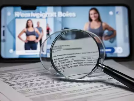 Eine Nahaufnahme einer Lupe, die juristische Dokumente beleuchtet, mit einem verschwommenen Smartphone-Bildschirm im Hintergrund, der eine Abnehm-Werbung zeigt. - Foto: über boerse-global.de