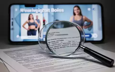 Eine Nahaufnahme einer Lupe, die juristische Dokumente beleuchtet, mit einem verschwommenen Smartphone-Bildschirm im Hintergrund, der eine Abnehm-Werbung zeigt. - Foto: über boerse-global.de