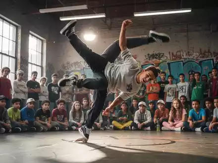 Ein Breakdancer führt einen dynamischen Move in einem modernen Gemeinschaftszentrum auf, umgeben von zuschauenden Jugendlichen. - Foto: über boerse-global.de