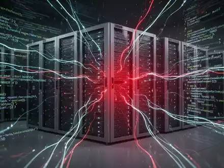 Abstrakte Darstellung von Cyberangriffen: Leuchtende Codezeilen und Datenströme konvergieren auf Serverracks mit rotem Schimmer. - Foto: über boerse-global.de