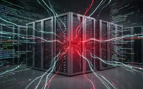 Abstrakte Darstellung von Cyberangriffen: Leuchtende Codezeilen und Datenströme konvergieren auf Serverracks mit rotem Schimmer. - Foto: über boerse-global.de