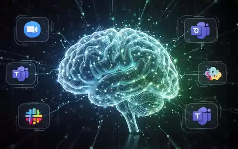 Abstrakte digitale Darstellung eines KI-Gehirns oder neuronalen Netzes, blau-grün leuchtend, umgeben von dezenten App-Symbolen. - Foto: über boerse-global.de