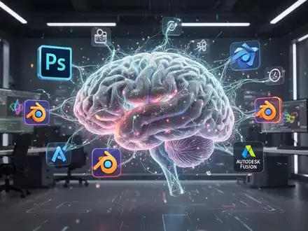 Leuchtendes KI-Gehirn, verwoben mit Symbolen kreativer Software wie Photoshop und Blender, in einem modernen digitalen Studio. - Foto: über boerse-global.de