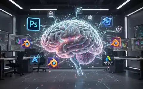 Leuchtendes KI-Gehirn, verwoben mit Symbolen kreativer Software wie Photoshop und Blender, in einem modernen digitalen Studio. - Foto: über boerse-global.de