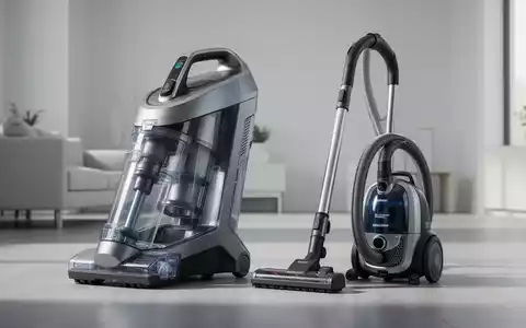 Ein schlanker, moderner Wasserstaubsauger steht neben einem herkömmlichen Beutelstaubsauger in einem sauberen Haushalt und wirkt überdimensioniert. - Foto: über boerse-global.de