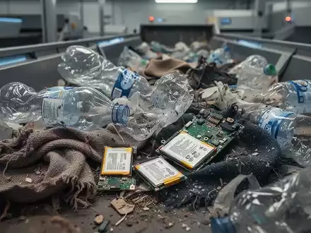 Eine Nahaufnahme von verschiedenen Abfallarten: zerknüllte Plastikflaschen, weggeworfene Textilien und kleine Elektronikabfälle mit sichtbaren Lithium-Ionen-Batterien. - Foto: über boerse-global.de
