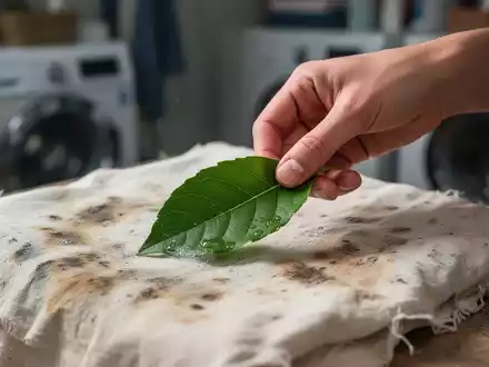 Eine Hand legt ein grünes Blatt auf einen verfärbten Stoff, symbolisierend nachhaltige Textilpflege und natürliche Lösungen. - Foto: über boerse-global.de