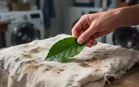 Eine Hand legt ein grünes Blatt auf einen verfärbten Stoff, symbolisierend nachhaltige Textilpflege und natürliche Lösungen. - Foto: über boerse-global.de