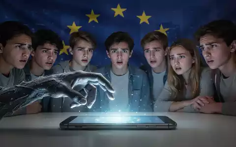 Eine stilisierte digitale Hand greift aus einem Smartphone-Bildschirm nach jungen Menschen, mit EU-Symbolen im Hintergrund. - Foto: über boerse-global.de