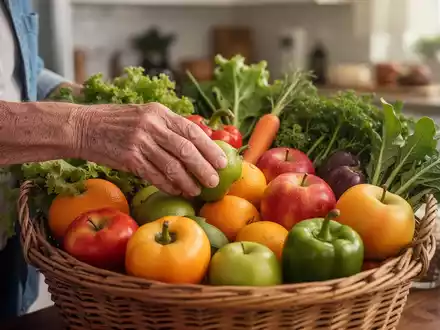 Nahaufnahme der Hände einer älteren Person, die frisches Obst und Gemüse aus einem Korb auswählt, um gesunde Ernährung zu symbolisieren. - Foto: über boerse-global.de