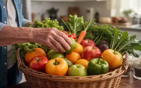 Nahaufnahme der Hände einer älteren Person, die frisches Obst und Gemüse aus einem Korb auswählt, um gesunde Ernährung zu symbolisieren. - Foto: über boerse-global.de