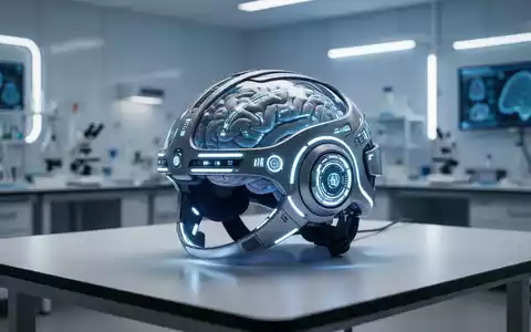 Ein futuristischer Gehirnüberwachungshelm liegt auf einem Tisch in einem Hightech-Forschungslabor. Blaue und weiße Lichter. - Foto: über boerse-global.de