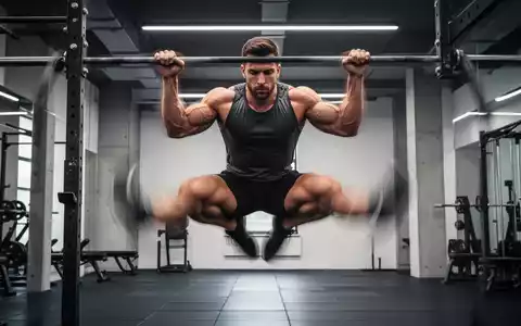 Ein muskulöser Mann führt eine anspruchsvolle Calisthenics-Klimmzugübung in einem modernen Fitnessstudio aus, der Körper ist angespannt. - Foto: über boerse-global.de