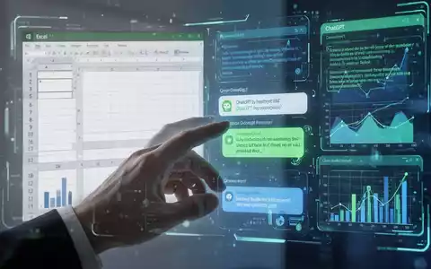Eine Hand interagiert mit einer holografischen OberflĂ€che, die Excel-Tabellen und ChatGPT-Eingabeaufforderungen zeigt, als Symbol fĂŒr KI-Integration in der Datenanalyse. - Foto: ĂŒber boerse-global.de