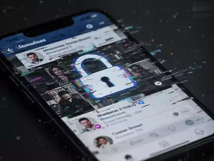 Nahaufnahme eines Smartphone-Bildschirms mit verzerrtem Social-Media-Feed und einem Vorhängeschloss-Symbol, das Betrug darstellt. - Foto: über boerse-global.de