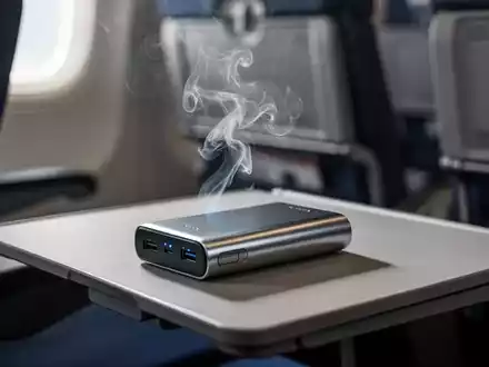 Eine Powerbank mit leichtem Rauch auf einem Flugzeugtisch, im Hintergrund eine unscharfe Flugzeugkabine. - Foto: über boerse-global.de