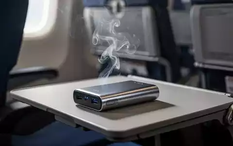 Eine Powerbank mit leichtem Rauch auf einem Flugzeugtisch, im Hintergrund eine unscharfe Flugzeugkabine. - Foto: über boerse-global.de