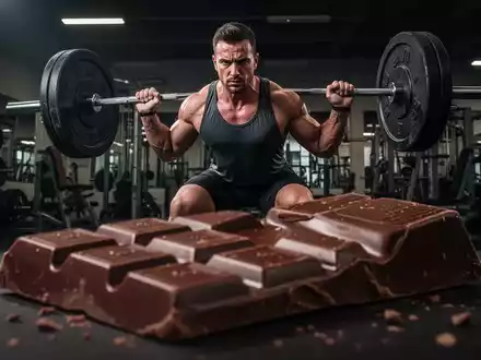 Ein Gewichtheber im Fitnessstudio, der Gewichte stemmt, mit einer Tafel dunkler Schokolade im unscharfen Vordergrund. - Foto: über boerse-global.de