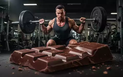 Ein Gewichtheber im Fitnessstudio, der Gewichte stemmt, mit einer Tafel dunkler Schokolade im unscharfen Vordergrund. - Foto: über boerse-global.de