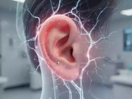 Nahaufnahme eines menschlichen Ohrs mit einem dezenten Piercing, umgeben von einem sanften Leuchten, das neurologische Aktivität andeutet. - Foto: über boerse-global.de