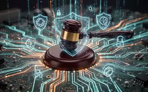 Leiterplatte mit leuchtenden Datenströmen und stilisierter Richterhammer, symbolisiert Technologieklagen und Datenprobleme. - Foto: über boerse-global.de