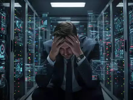 Ein gestresster CISO in einem dunklen Serverraum, den Kopf in den Händen, umgeben von leuchtenden Server-Racks und digitalen Anzeigen. - Foto: über boerse-global.de