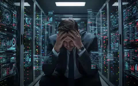 Ein gestresster CISO in einem dunklen Serverraum, den Kopf in den Händen, umgeben von leuchtenden Server-Racks und digitalen Anzeigen. - Foto: über boerse-global.de