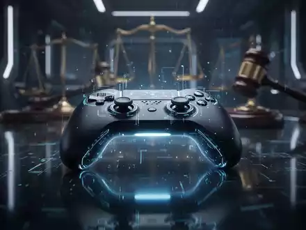 Leuchtender Gamecontroller auf reflektierender Oberfläche, Symbol für digitales Eigentum und Rechtsstreit im Gaming. - Foto: über boerse-global.de