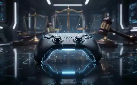 Leuchtender Gamecontroller auf reflektierender Oberfläche, Symbol für digitales Eigentum und Rechtsstreit im Gaming. - Foto: über boerse-global.de