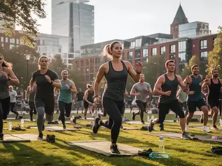 Eine vielfältige Gruppe von Menschen nimmt an einem Fitnesskurs im Freien in einem Park in Hamburg teil. - Foto: über boerse-global.de