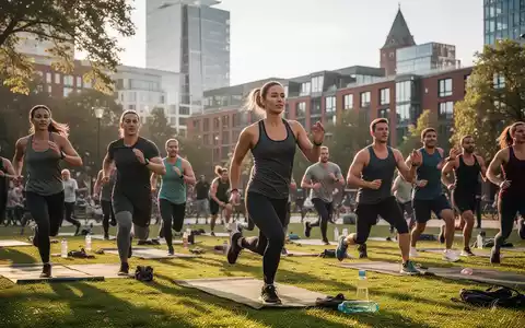 Eine vielfältige Gruppe von Menschen nimmt an einem Fitnesskurs im Freien in einem Park in Hamburg teil. - Foto: über boerse-global.de