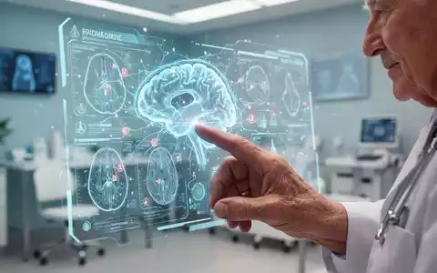 Eine ältere Hand interagiert mit einer holografischen Anzeige, die medizinische Daten und Hirnscans mit neuronalen Netzen zeigt. - Foto: über boerse-global.de