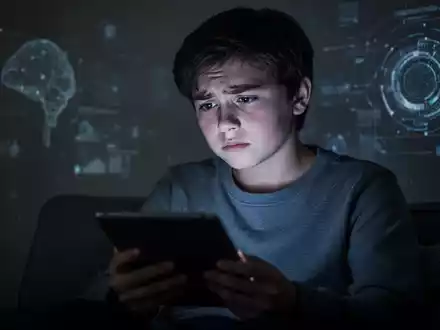Eine junge Person sitzt allein in einem Raum, beleuchtet vom Schein eines Tablet-Bildschirms, mit nachdenklichem Ausdruck. - Foto: über boerse-global.de