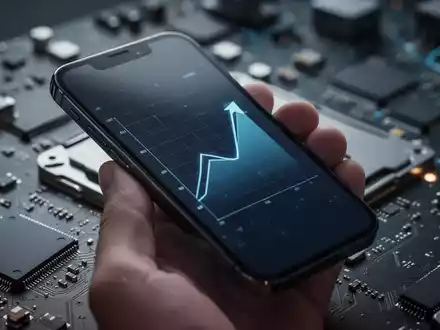 Eine Hand hält ein Smartphone, im Hintergrund unscharfe Leiterplatten. Auf dem Bildschirm ein aufsteigender Graph. - Foto: über boerse-global.de