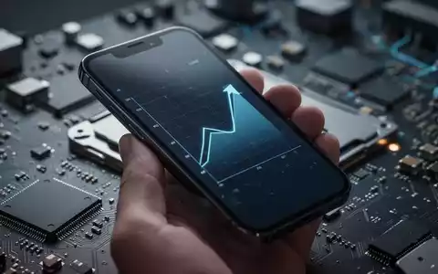 Eine Hand hält ein Smartphone, im Hintergrund unscharfe Leiterplatten. Auf dem Bildschirm ein aufsteigender Graph. - Foto: über boerse-global.de