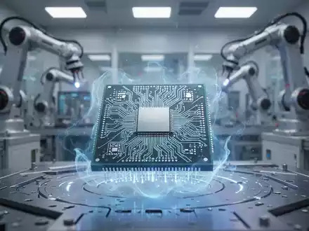 Nahaufnahme eines hochentwickelten, leuchtenden Mikrochips mit komplexer Schaltung vor verschwommenem Hintergrund einer Hightech-Fabrik. - Foto: über boerse-global.de