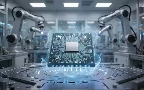 Nahaufnahme eines hochentwickelten, leuchtenden Mikrochips mit komplexer Schaltung vor verschwommenem Hintergrund einer Hightech-Fabrik. - Foto: über boerse-global.de