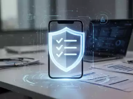 Ein stilisiertes, leuchtendes Smartphone-App-Symbol, das ein Schild oder eine Checkliste darstellt, auf einem modernen Bürotisch. - Foto: über boerse-global.de