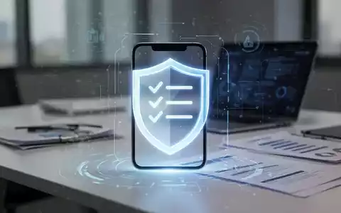 Ein stilisiertes, leuchtendes Smartphone-App-Symbol, das ein Schild oder eine Checkliste darstellt, auf einem modernen Bürotisch. - Foto: über boerse-global.de