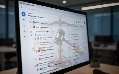Ein unscharfer Computerbildschirm mit einem E-Mail-Posteingang, überlagert von stilisierten Waagschalen, die Recht und Datenschutz symbolisieren. - Foto: über boerse-global.de