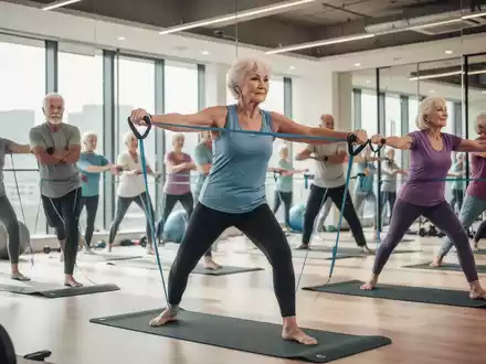 Senioren nehmen an Krafttraining und Yoga in einem hellen Fitnessstudio teil, das Aktivität und Gesundheit im Alter symbolisiert. - Foto: über boerse-global.de
